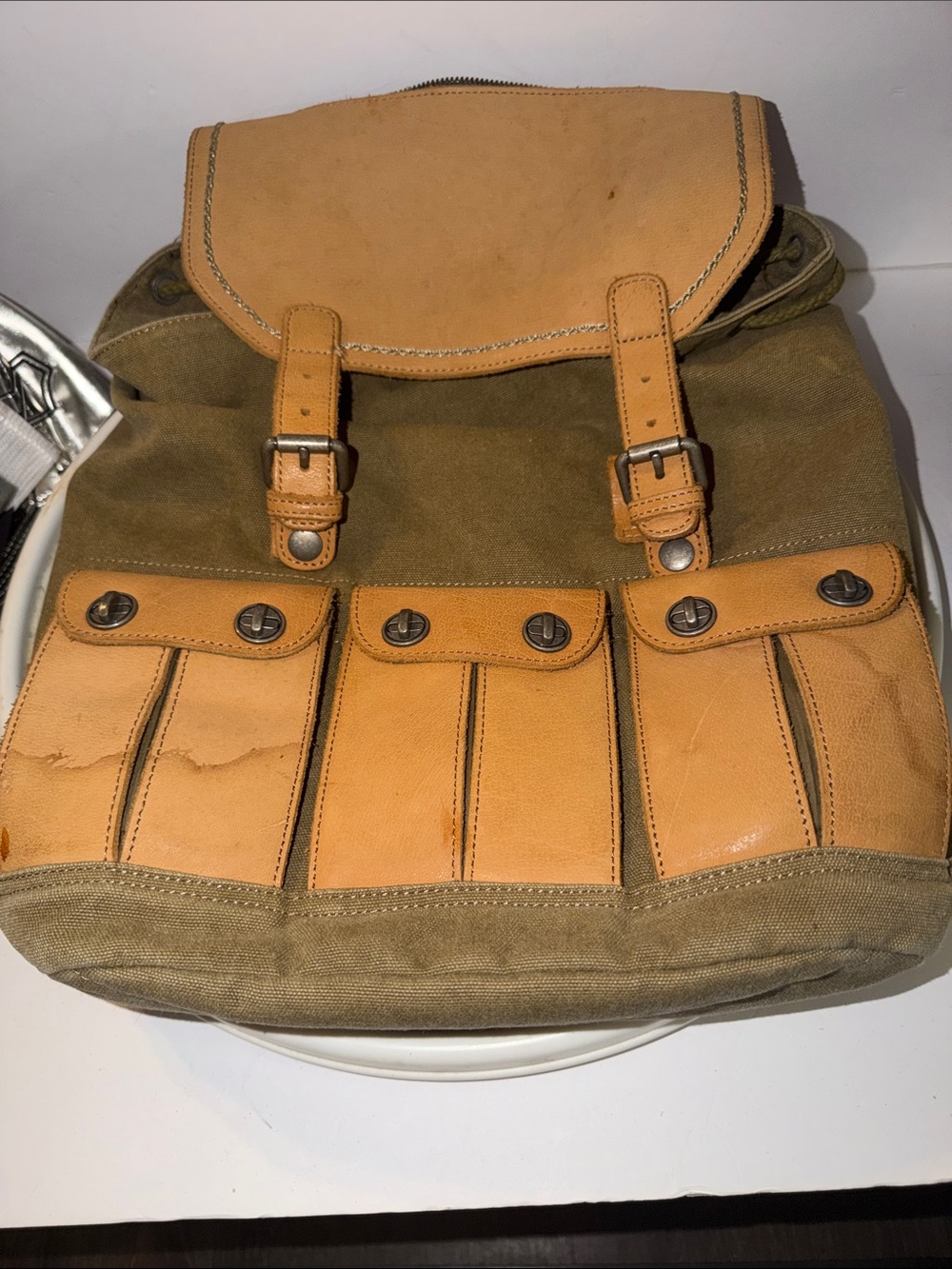 Canvas and Leather Men's Backpack Laptop  - Olive & Tan